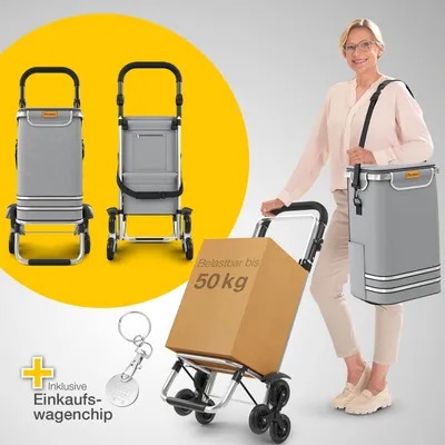 Produktbild von ELONEO Einkaufstrolley Treppensteiger mit Kühlfach, Einkaufsroller klappbar, Shopping Trolley höhenverstellbar, abnehmbare Tasche 56 L - Grau