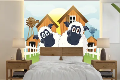 Produktbild von MuchoWow® Fototapete für Wohnzimmer oder Schlafzimmer Wandtapete Vinyl Motivtapete Eine Illustration von zwei Schafen vor einem Bauernhof - 350x350 cm - Schlafzimmertapete