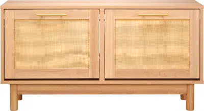 Produktbild von SucceBuy Schuhregalbank mit Sitzfläche (100 x 30 x 53 cm), Eingangsbank mit 2 Klappschubladen, Schuhregal mit 4 Ablagefächern & 2 Türen im Rattan-Stil (Belastbarkeit bis 136 kg), ideal für Flur, Wohnzimmer und Schlafzimmer
