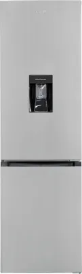 A front view of a silver refrigerator with a water dispenser.