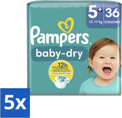 Image de Pampers – Couches – Baby-Dry taille 5+ (12-17 kg) – 36 couches – Pack économique – 5 pièces