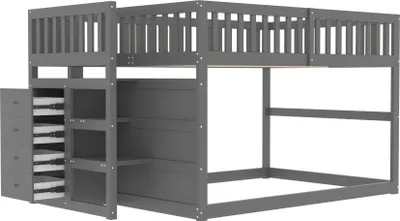 Produktbild von Etagenbett 140x200cm(Ohne Matratze) Stauraumbett Kinderbett Holzbett Mit Stauraum Mit Schubladen und Schränken Sicherheitszaun Jugendbett Grau