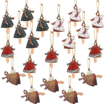 20 Houten Engelhänger, 6 cm, bunt, Weihnachtsbaumdeko
