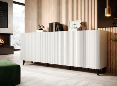 Produktbild von Komoda PAFOS 200 cm WHITE MATT čierne nohy s frézovanými čelami MDF 4 dvierka príborník vysoká skriňa otvorené police bufet