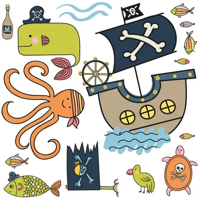 Produktbild von Wandaufkleber – Meerestiere und Piraten – transparenter, selbstklebender Hintergrund – 80 x 80 cm