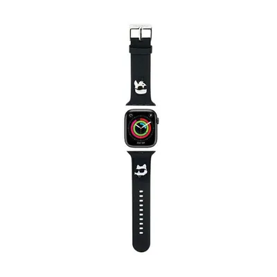 A black Apple Watch strap with a black watch face is shown against a white background.