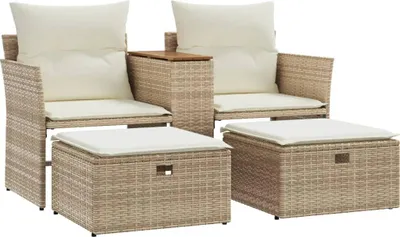 Produktbild von vidaXL Gartensofa 2-Sitzer mit Hockern Beige Poly Rattan