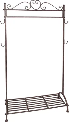 A freestanding coat rack with a shelf.