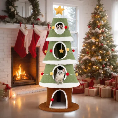 A festive Christmas-themed cat tree is set up in a cozy living room with a fireplace and a decorated Christmas tree.