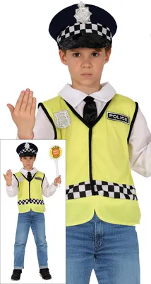 Produktbild von Polizei Einsatztrupp Kostüm Kinder Karneval Uniform Hut Bluse Weste Kostümspass Spaß, Größe: 128/134 Farbe: Gelb / Weiß