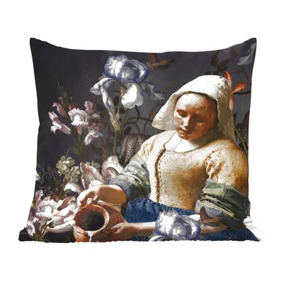 Produktbild von MuchoWow® Zierkissen Sofakissen Wohnzimmer Dekokissen 40x40 cm Milchmädchen - Johannes Vermeer - Blumen - Foto Kissen - Schlafzimmer Dekoration