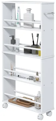 Image de 4 tiroirs, chariot étroit sur roulettes, étagère d'angle pour cuisine ou salle de bain, chariot d'appoint, blanc | Poignée en forme de U | 4 roulettes pivotantes à 360°, 2 roulettes blocables | 45 x 15 x 91 cm