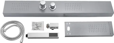 A collection of shower panel components laid out on a white background.