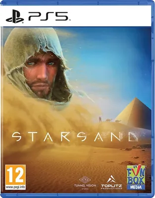 The cover art for the video game Starsand on PS5, featuring a desert landscape with a pyramid and a person in a hooded cloak.