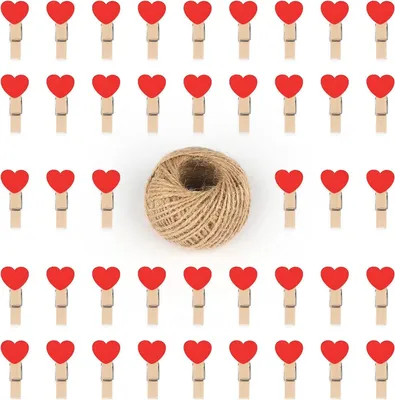 Produktbild von G2PLUS Herz Holzklammern Klein - 100Stück Deko Wäscheklammern Holz - Wäscheklammern Mini Rot mit 30M Schnur für Hochzeit, Fotos, Adventskalender