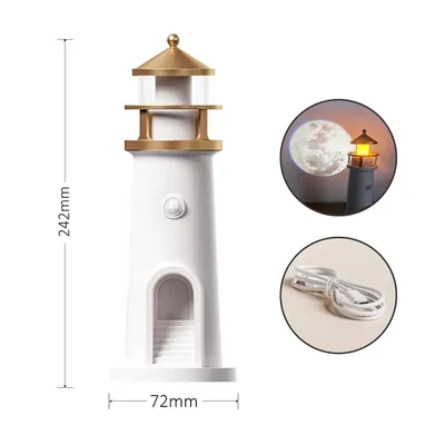 A white lighthouse lamp with gold accents, shown with dimensions and a projected image of a moon and another lighthouse.