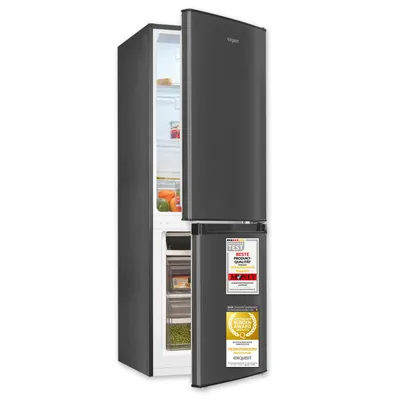 A dark gray refrigerator with its top door open, revealing shelves and food items. The bottom freezer compartment door is closed and displays several award stickers.