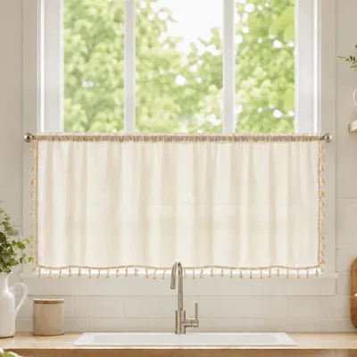 Produktbild von 1 Stück Boho Scheibengardine mit Quasten Halbtransparent Vorhang Stangendurchzug Kurz Gardinen Küchengardinen, B140xH46cm