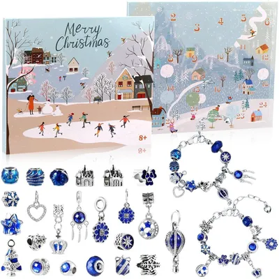 Obrázek produktu pro Adventní kalendář, sada náramků, korálky a přívěsky pro dívky, modrá barva, 24 dní, kreativní výroba, dárek