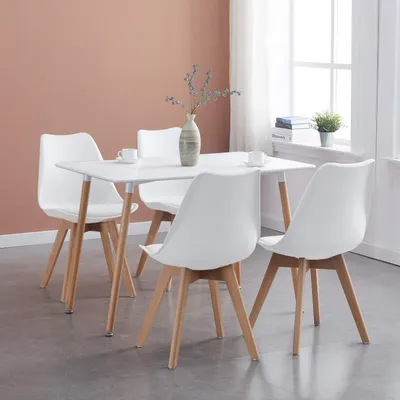 Productafbeelding van Eettafelset, rechthoekig, met 4 stoelen, wit, MDF, beuken houten poten