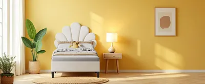 Produktbild von Einzelbett 90 x 200 cm, gepolstert, mit blumenförmigem Kopfteil und Lattenrost, stabiles Bettgestell, Kinderbett, weiches Samtbett, Beige