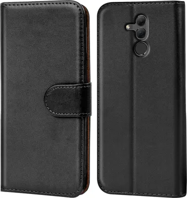 A black flip case for a Huawei Mate 20 Lite phone, shown from both the front and back.