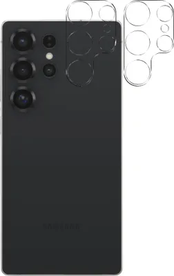 A black smartphone with a camera lens protector shown on a white background.