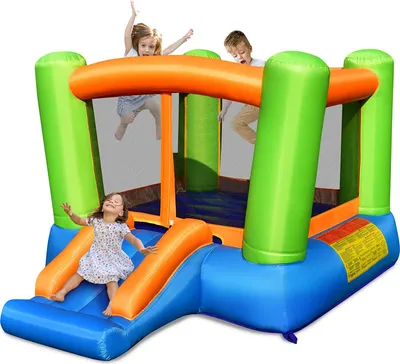 Produktbild von GOPLUS Ausblasbare Hüpfburg mit Rutsche, Hüpfschloss mit Tragetasche für 3 Kinder von 3-10 Jahren, Indoor & Outdoor Springburg