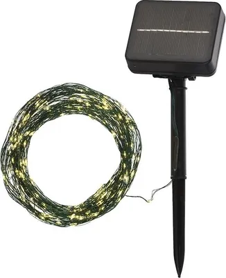 A solar-powered string light set with a coiled green wire and 160 warm white LEDs, attached to a black solar panel stake.
