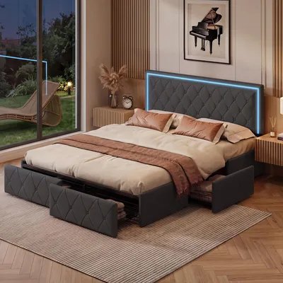 Produktbild von UnboxG Polsterbett 160x200 cm mit LED, 4 Schubladen & höhenverstellbarem Kopfteil, PolyurethanKunstleder Grau, Lattenrost