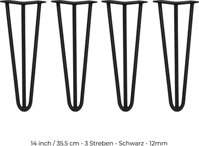 Image de SKISKI Pieds 4 x 3 montants Pieds en épingle à cheveux Pieds de table Pieds de chaise Pieds de meubles Pieds de table en épingle à cheveux 35,5 cm H x 12 mm D Acier thermolaqué - Noir