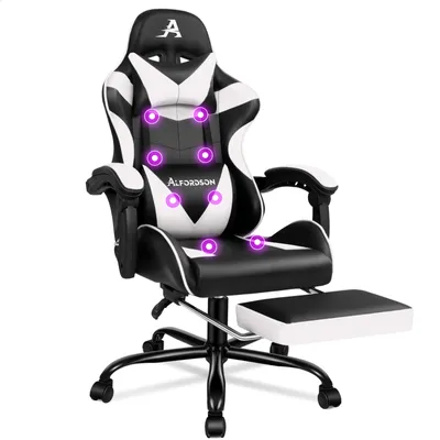 A black and white gaming chair with a footrest, featuring purple circles indicating massage points.