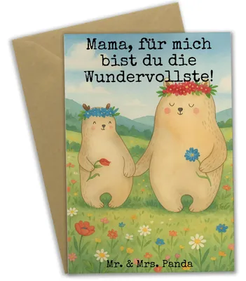Produktbild von Mr. & Mrs. Panda babykarte Bären mit Blumenkranz Design - Weiß - Geschenk, Family, Klappkarte, hochzeitskarten, einladungskarten, Mutter, Grußkarten, Muttertag, Grußkarte