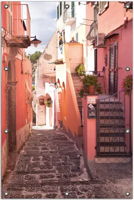 Produktbild von Wallario Outdoor-Poster für Garten oder Balkon, Motiv Südländische Gasse- Italien bei Sonnenschein, in ca. 80 x 120 cm