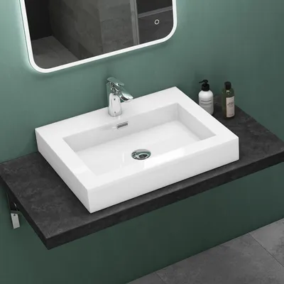 Produktbild von Mai&Mai Mineralguss Waschbecken Weiß 60x48x10 cm, rechteckig, modern, 1 Armaturenloch, leicht zu reinigen, Hänge- & Aufsatzwaschbecken, col18, DIN-Anschlüsse