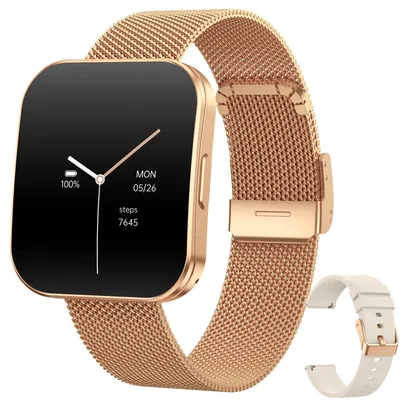 A smartwatch with a rose gold metal band and a white band accessory is displayed against a white background.