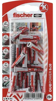 Zdjęcie produktu dla Fischer DuoPower, Wtyczka ścienna, Autoklawowany gazobeton, Cegła, Beton, Kamień, Płyta gipsowa, Nylon, Szary, Czerwony, 6 mm, 30 mm