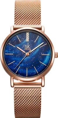 Produktbild von Alienwork Damen-Armbanduhr Quarz rose-gold mit Metall Mesh Armband Edelstahl blau Ultra-flach Slim-Uhr elegant