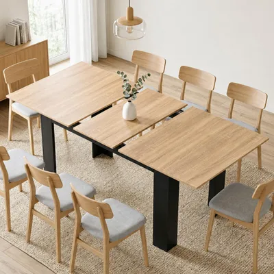 Produktbild von Mondeer Ausziehbarer Esstisch 140-180cm für 4-8 Personen, Stabiler Küchentisch, Vielseitig für Essen, Arbeiten & Freizeit Schwarz & Eiche