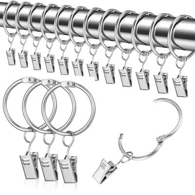 Produktbild von 25 Metall-Gardinenringe mit Clips, Aufhängeringe für Fenster, Türen und Duschvorhänge, 32 mm Innendurchmesser (silber)