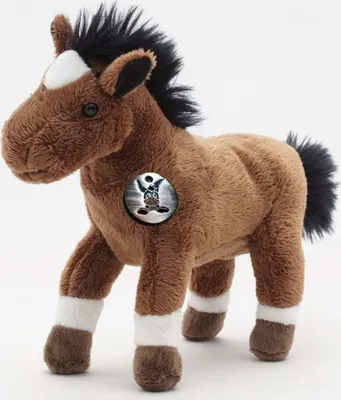 A plush toy horse standing against a white background.