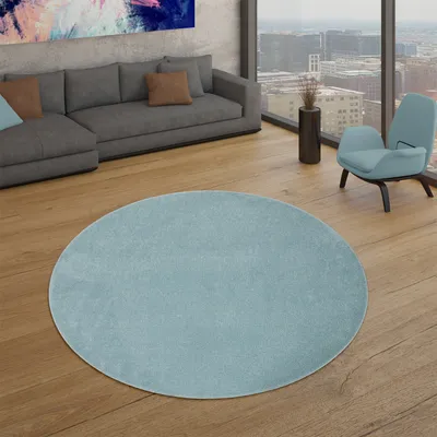 A modern living room with a grey sectional sofa, a light blue armchair, and a large circular light blue rug on a wooden floor.