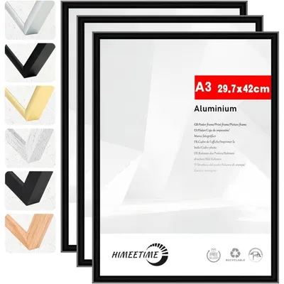 Immagine prodotto di Cornici per foto formato A3, 30x42 cm, colore nero, in metallo, set da 3, con fissaggio a parete, vetro in plastica