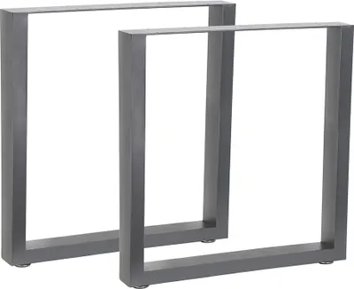 Two gray metal table legs are shown against a white background.