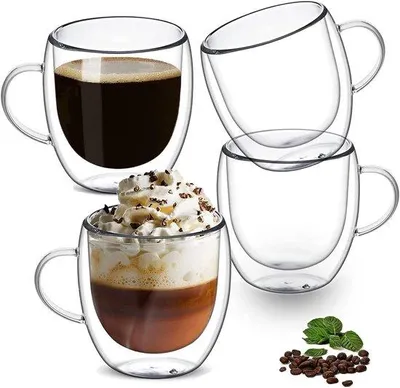 Image de Lot de 4 verres à double paroi pour café et thé de 250 ml, avec anse, pour latte, espresso, cappuccino, thé noir et boissons chaudes/froides
