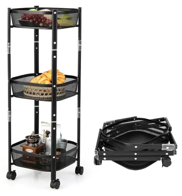 Image de Chariot de cuisine et de salle de bain pliable, à 3 niveaux - Chariot de rangement multifonctionnel avec paniers en filet