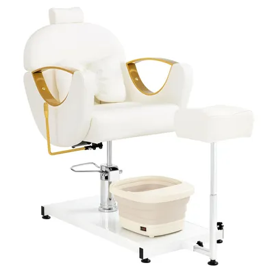 Produktbild von Pediküre Stuhl mit Fußbadewanne & Pediküre Hocker, mit Goldlackierten Armlehnen, Höhenverstellbar & Kippbar, Fußpflegestuhl F0325 (Gold-Weiß)
