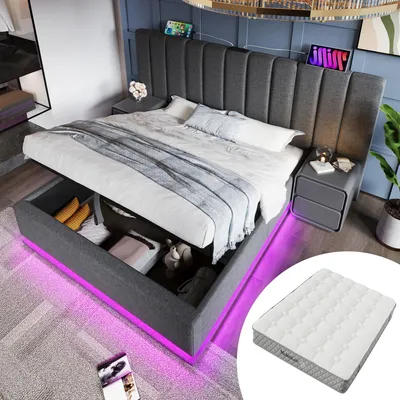 Produktbild von STILVORA Polsterbett 180×200 mit Matratze, Hydraulisches Stauraumbett mit 360° LED-Beleuchtung und USB-C Ladefunktion, Leinen, Grau