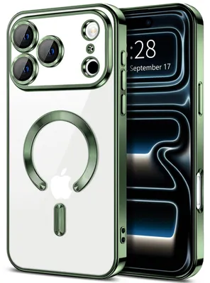 Image de Coque magnétique transparente et souple pour iPhone 18 Pro, compatible avec MagSafe, avec protection pour l'appareil photo, en TPU galvanisé, de couleur vert foncé