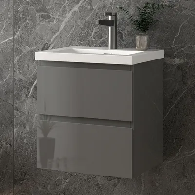 Produktbild von 50 cm Badmöbel-Set Unterschrank mit Rechteckiges Waschbecken 2 Schubladen soft-close Hochglanz Anthrazit Selbstmontierter